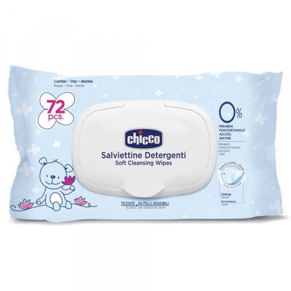 CHICCO Púder detský 150 g + Detské čistiace vlhčené utierky, 72 ks